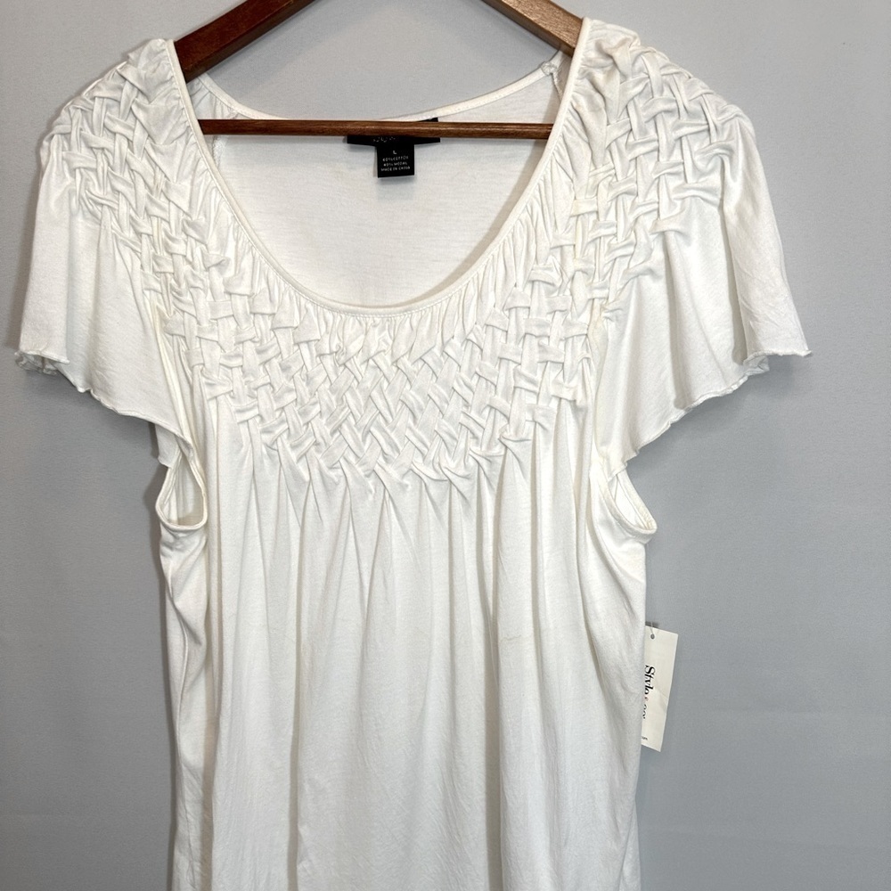 Style & Co Womens Blouse Size L White Top Shirt Peasant Cap Sleeve Stretch Boho